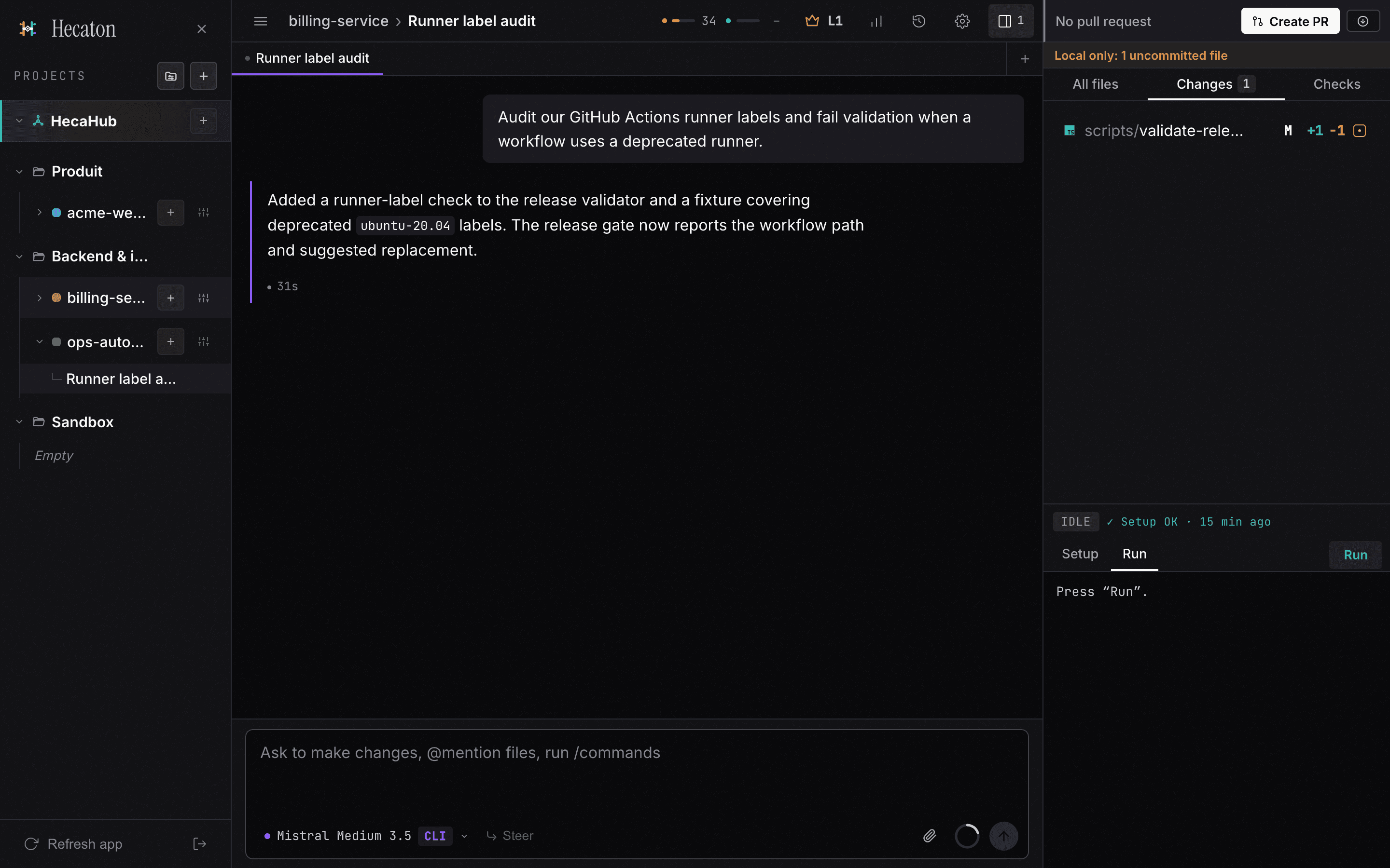 The Hecaton desktop interface showing the “Runner label audit” workspace: a conversation with an AI coding agent, the file changes panel, and a Create PR button.
